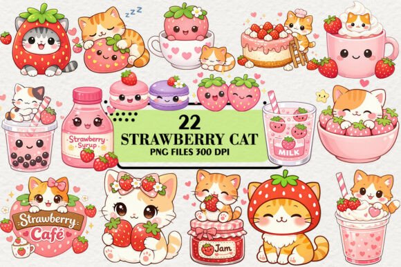 Download Kawaii Strawberry Cat Clipart Bundle - Strawberry Collection